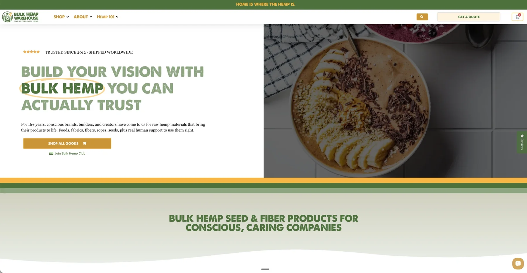 Bulk Hemp Warehouse: E-commerce site for a supplier of bulk hemp foods, fabrics and fibers.