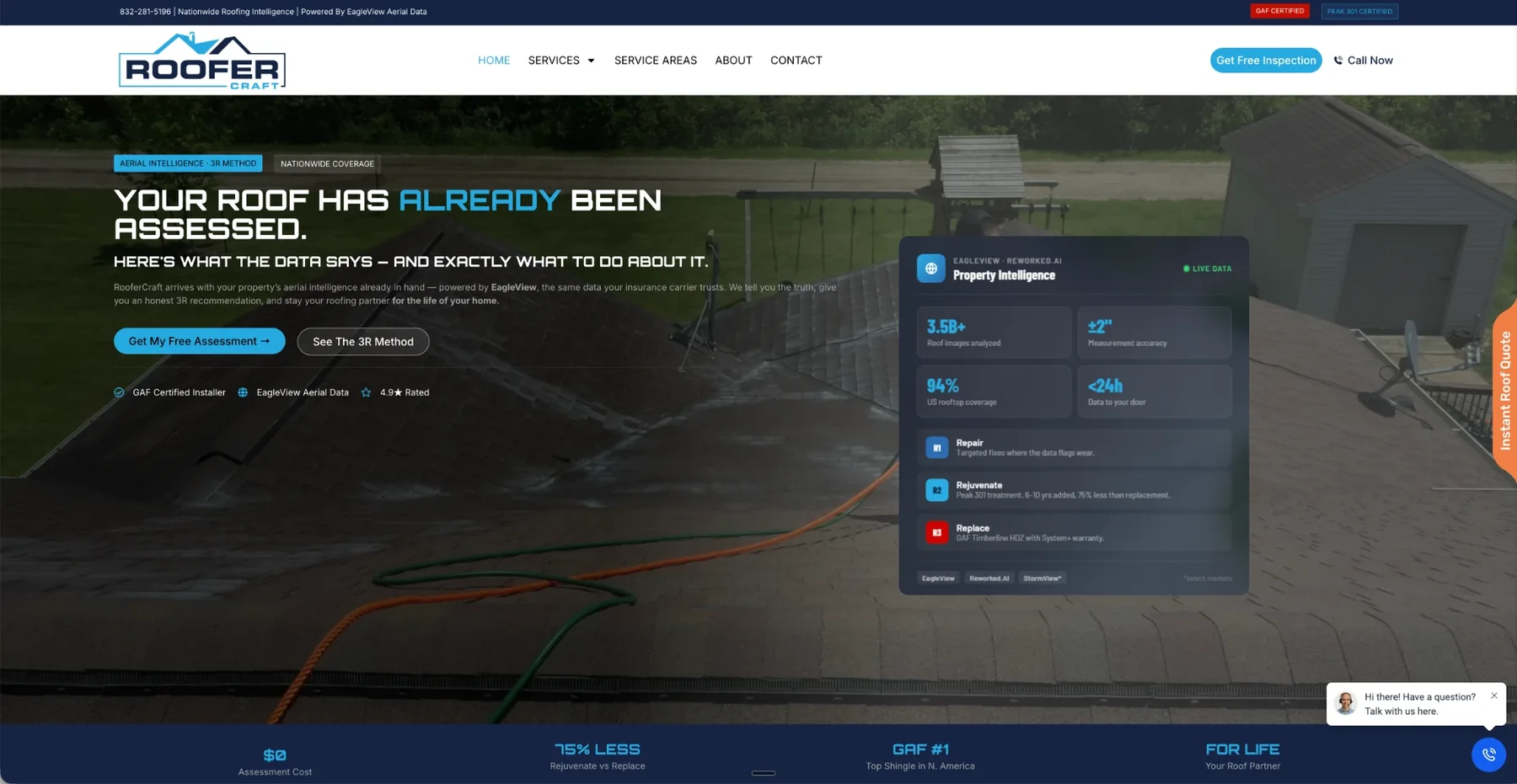 RooferCraft: Website for a roofing company built around aerial roof assessments.