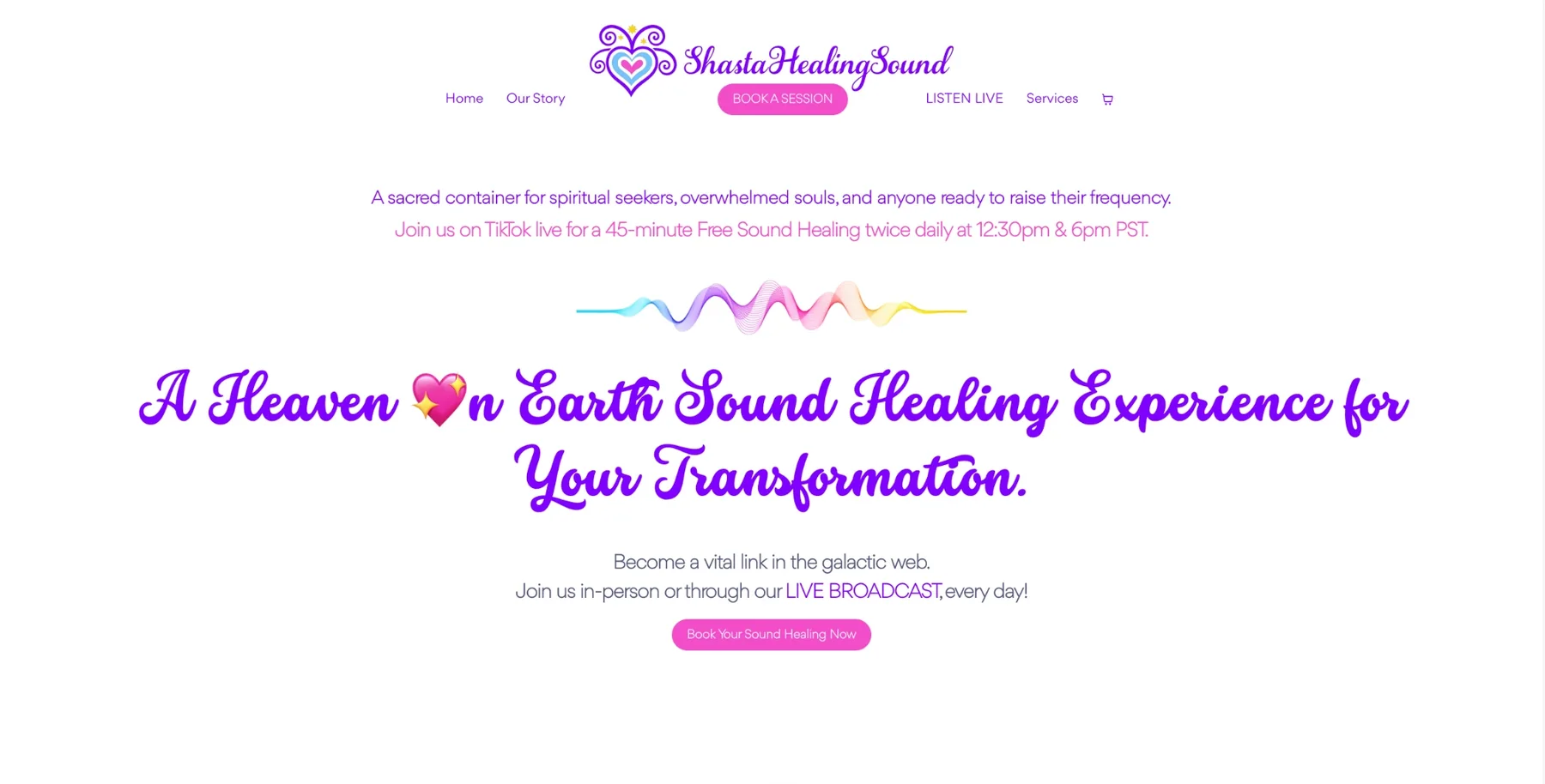 Shasta Healing Sound: Website for a sound healing studio with daily live sessions.